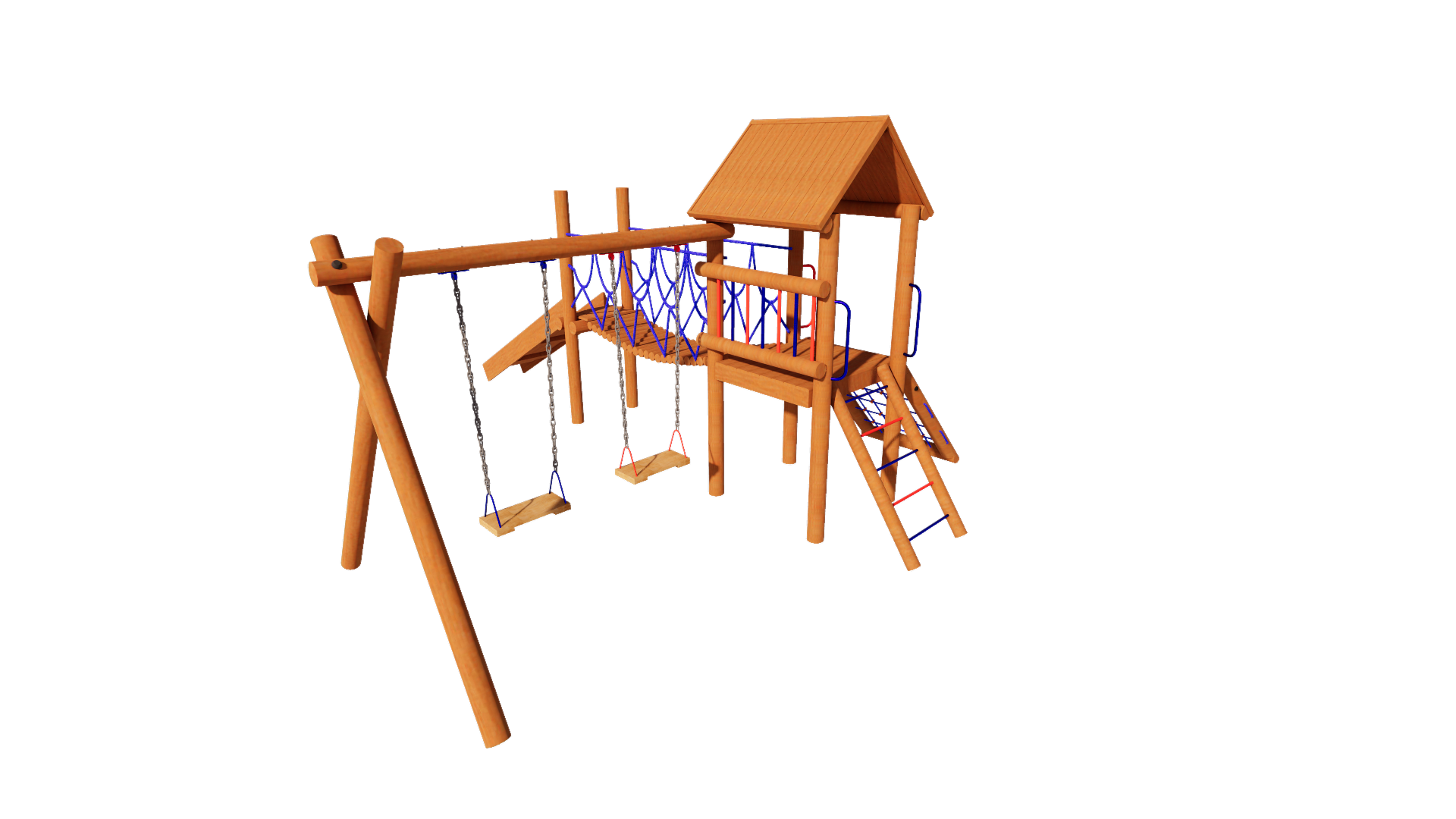 Playground de madeira ECO08 - Casinha com ponte e balanço - Brinquedo infantil em madeira tratada para área externa
